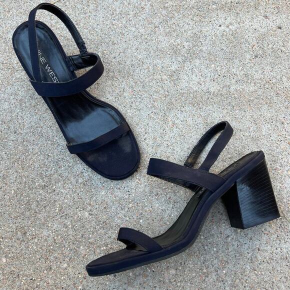 90s Vintage Nine West Dark Blue Chunky Stacked Heel Strapped Heels Size 8 - Picture 1 of 14
